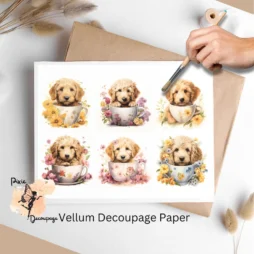 Six images of Golden puppies in teacups. Golden Doodle in Tea Cup Collage 1, Vellum Decoupage Paper