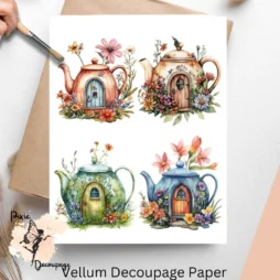Whimsical Fairy House Teapot Collage 2, Vellum Decoupage Paper