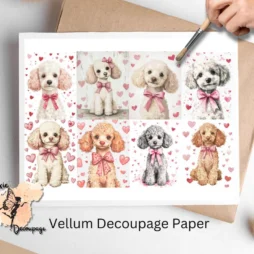 Eight images of poodles and little hearts. Poodle on Valentine's Day Collage 1, Vellum Decoupage Paper