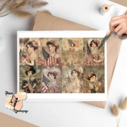 Vintage American Girl With Flag Collage 1, Vellum Decoupage Paper