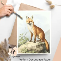 Image of a fox sitting on a boulder. Vintage Fox 2, Vellum Decoupage Paper