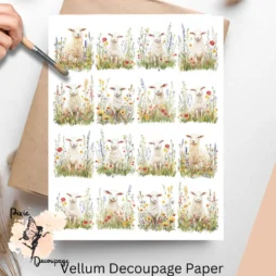 White Sheep in Flowers Collage 2, Vellum Decoupage Paper