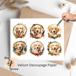Six images of Golden Retrievers. Christmas Golden Retriever Portrait Collage 2, Vellum Decoupage Paper