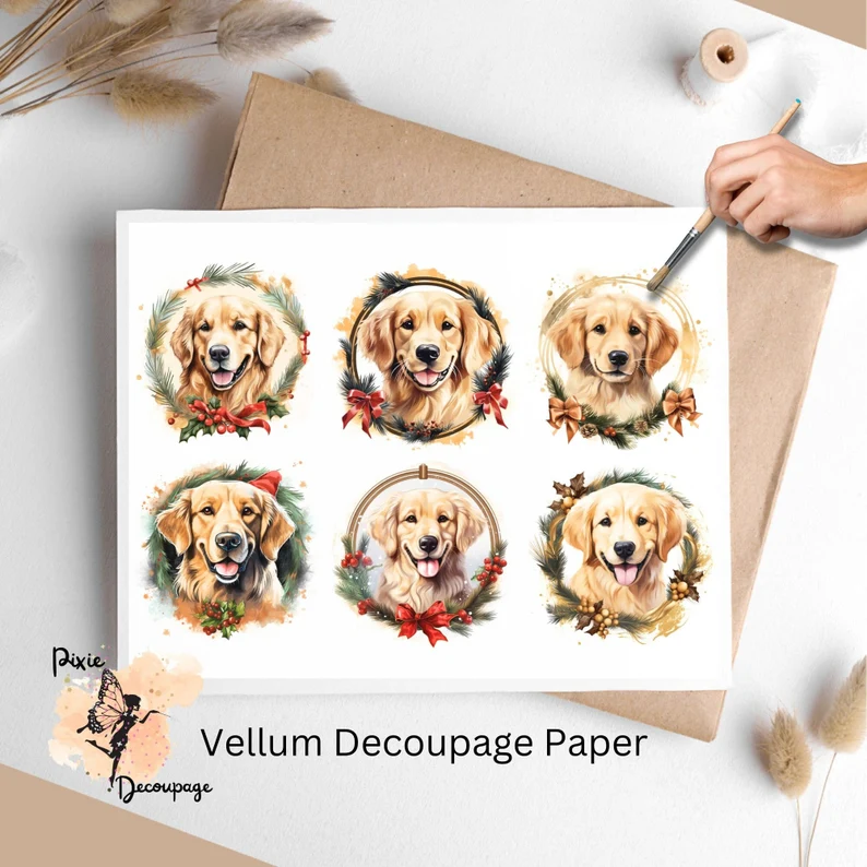 Six images of Golden Retrievers. Christmas Golden Retriever Portrait Collage 2, Vellum Decoupage Paper