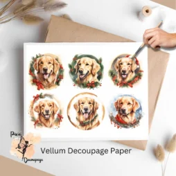 Six images of Golden Retrievers. Christmas Golden Retriever Portrait Collage 1, Vellum Decoupage Paper
