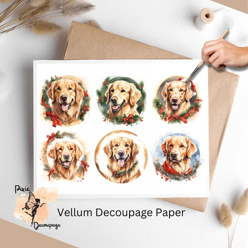 Six images of Golden Retrievers. Christmas Golden Retriever Portrait Collage 1, Vellum Decoupage Paper