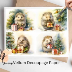 Four images of hedgehogs. Christmas Hedgehog Collage 1, Vellum Decoupage Paper