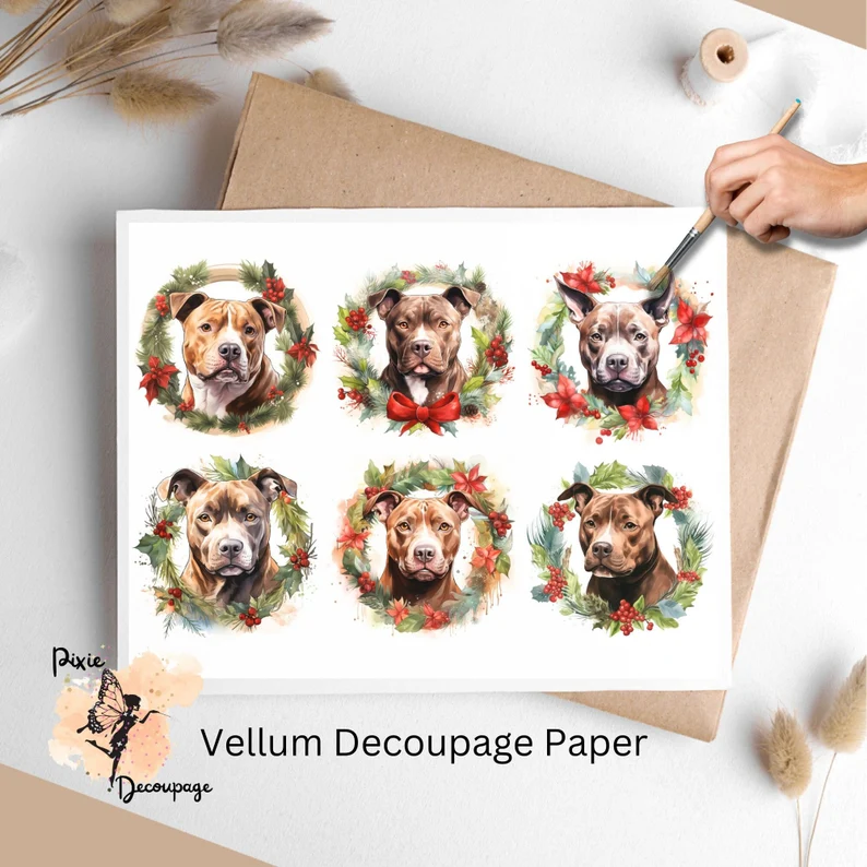 Christmas Pitbull Portrait Collage 2, Vellum Decoupage Paper