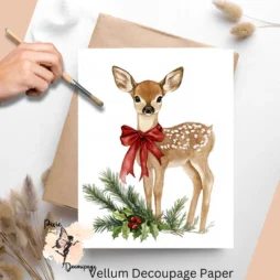 Image of a baby deer with greenery and a red bow.