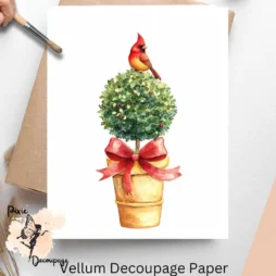 One images of a topiary with a red bow and a cardinal perching on it.