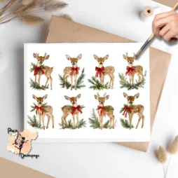 Eight images of baby deer wearing red bows.