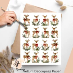 Sixteen images of baby deer with greenery and wearing a red bow.