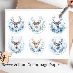 Six circular images of deer against a blue background.