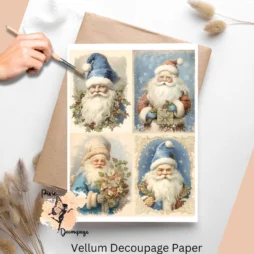 Four images of Santa Claus, in blue, vintage style.