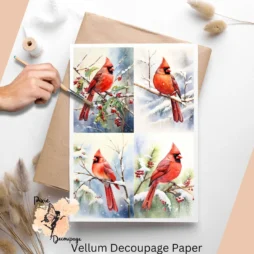 Four images of cardinals in snowy scene.
