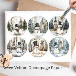 Six circular images of snowmen in winter forest.