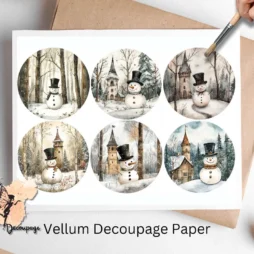 Six circular images of snowmen in snowy forests.