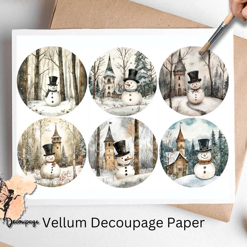 Six circular images of snowmen in snowy forests.