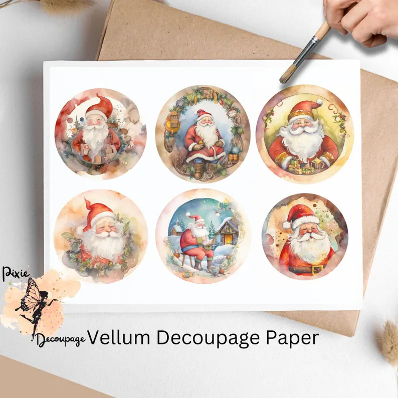 Six circle images of Santa Claus.