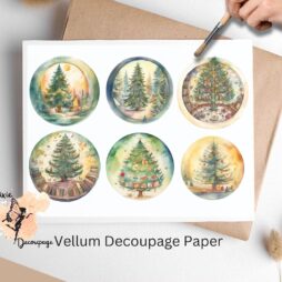 Six circular images of Christmas trees.