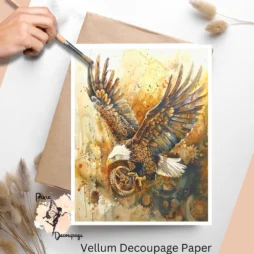 Image of a steampunk eagle, mid flight.