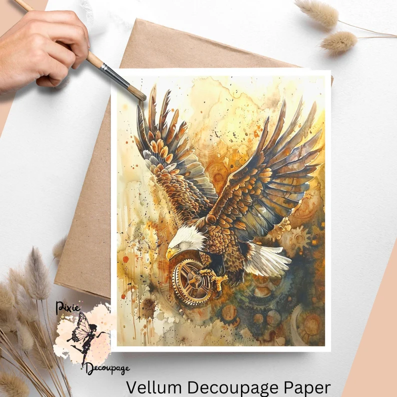 Image of a steampunk eagle, mid flight.