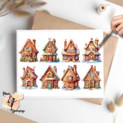 Eight images of whimsical Christmas gingerbread houses.