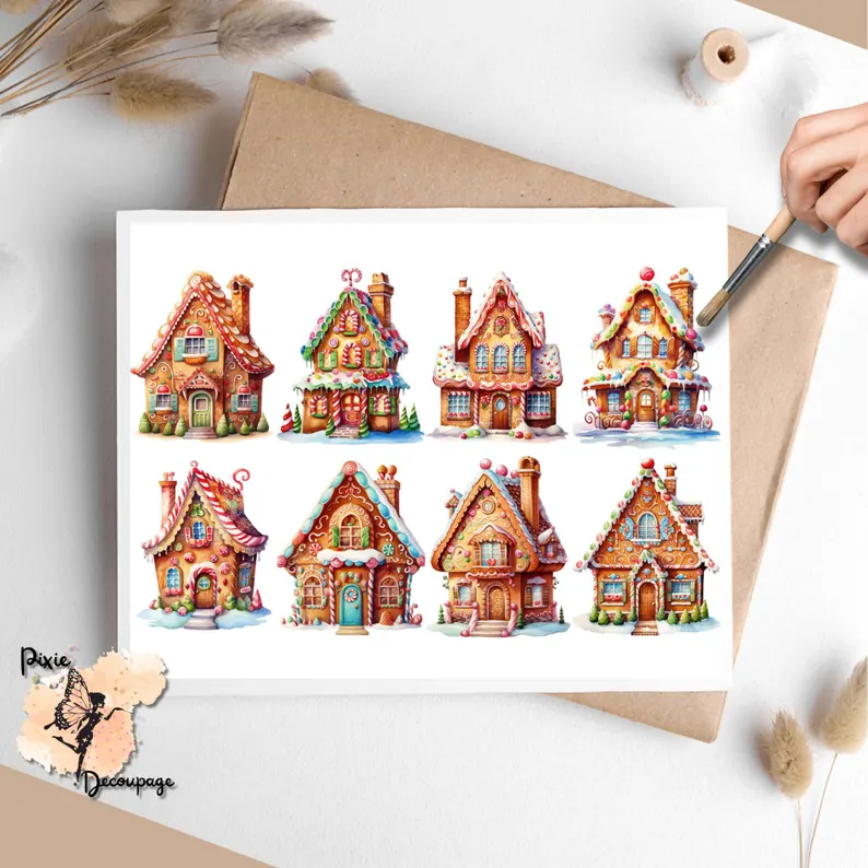 Eight images of whimsical Christmas gingerbread houses.