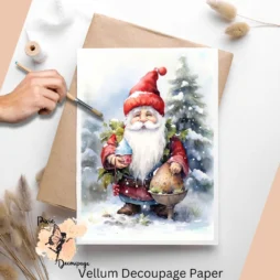 Image of a cute gnome dressed in red, there is a Christmas tree in the background.