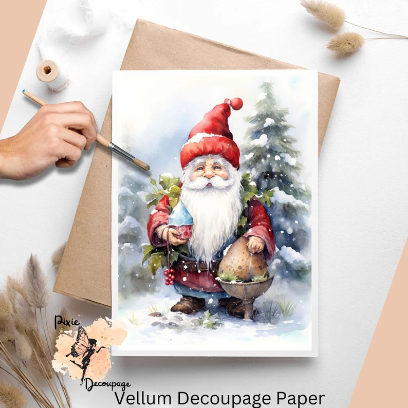 Image of a cute gnome dressed in red, there is a Christmas tree in the background.