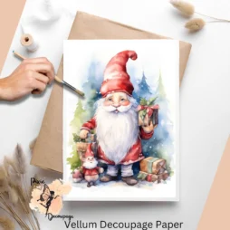 Image of a gnome wearing red attire, there are Christmas trees in the background.