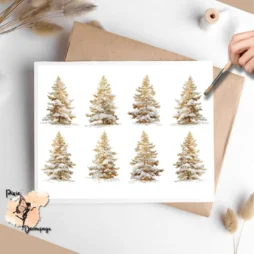 Eight images of golden Christmas trees covered in snow.