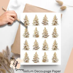 Sixteen images of golden Christmas trees covered in snow.