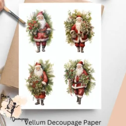 Four images of Santa with greenery in the background.