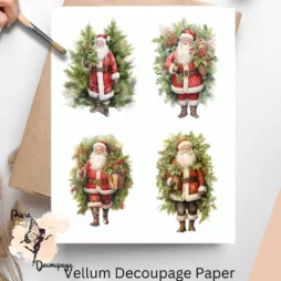 Four images of Santa Claus with greenery.