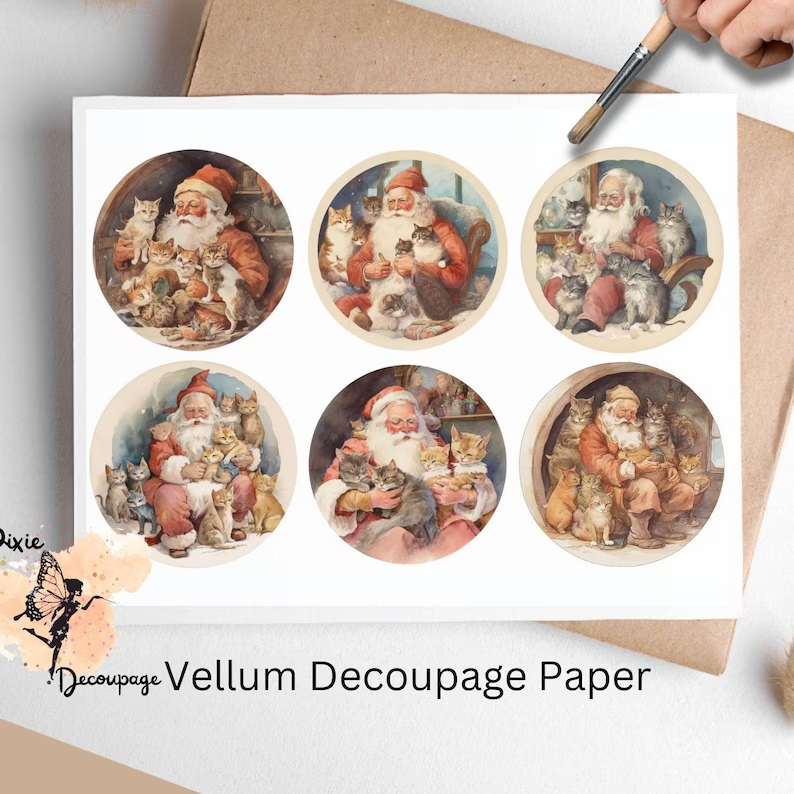Six circular images of Santa Claus surrounded by kitties.