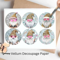 Six images of gnomes wearing leopard print hats.