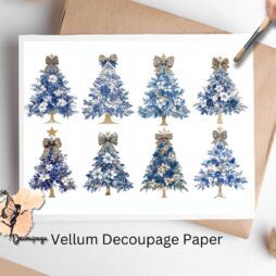 Eight images of blue Christmas trees with leopard print bows.