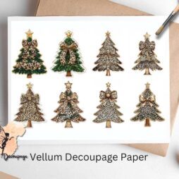Eight images of Christmas trees with leopard print bows.