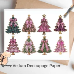 Eight images of pink Christmas trees with leopard print bows.