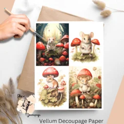 Four images of cute mice and mushrooms.