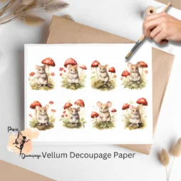 Eight small images of a mouse standing by mushrooms in a vintage and whimsical setting.