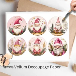 Six images of gnomes wearing pink attire.