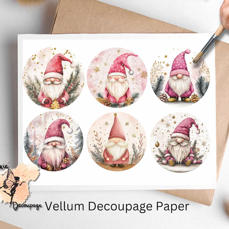 Six images of Christmas gnomes dressed in pink outfits.