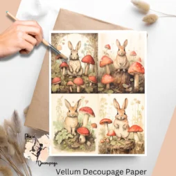 Four images of a rabbit with mushrooms.