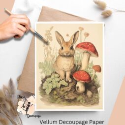 Image of a rabbit surrounded by mushrooms on a vintage background.