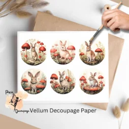 Six images of rabbits and mushrooms. The images are round.