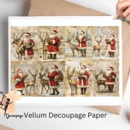 Eight images of Santa Claus with reindeers.