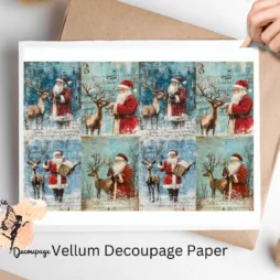Eight images of Santa Claus and reindeer against a distressed blue background.