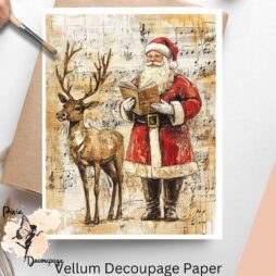 Image of Santa Claus and a reindeer in a vintage setting.